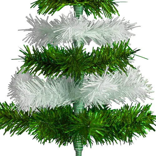 Vista 3 de Árbol de Navidad verde metálico y blanco mate, cepillo artificial en capas de oropel sin encender con soporte incluido (18 pulgadas)