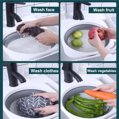 Vista 4 de Lavabo de plástico plegable de 5 litros (1.4 galones), bandeja de cocina, bañera pequeña con floding, cubo de plástico que ahorra espacio
