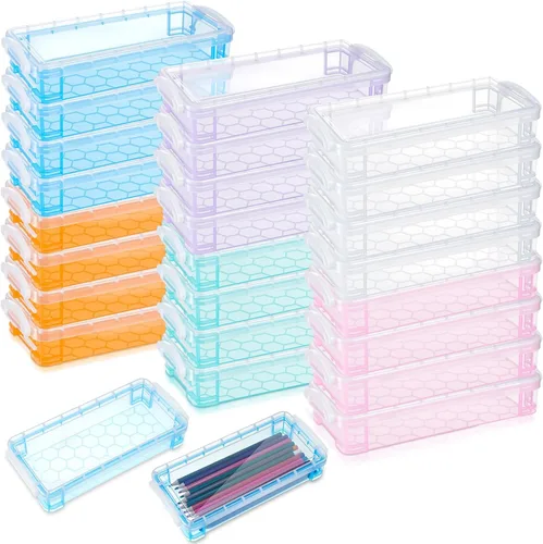 Vista 19 de Gueevin Caja de lápices de gran capacidad de plástico de 24 piezas, estuche de lápices transparente de plástico con tapa de cierre hermético, caja