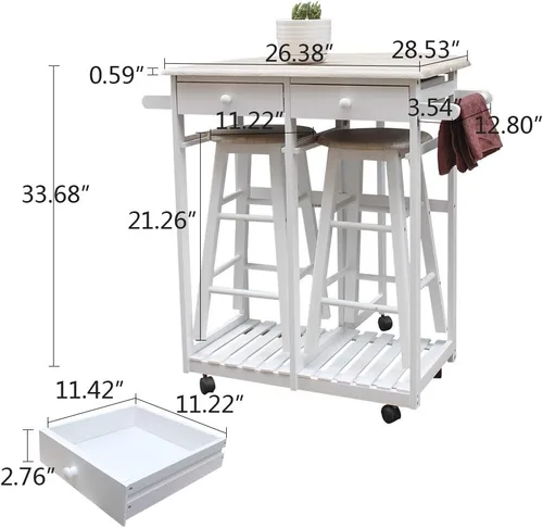 Vista 7 de FCH Drop Leaf Mesa de comedor con juegos de sillas para cocina pequeña, 3 piezas, carrito de cocina de madera con ruedas, 2 taburetes redondos y 2