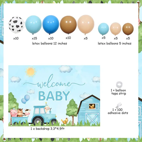 Vista 5 de Decoraciones de baby shower de animales de granja azules – Kit de arco de guirnalda de globos de animales de granja con fondo de bienvenida