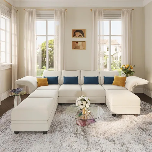 Vista 29 de LLappuil Sofá modular de terciopelo en forma de L con almacenamiento, sofá moderno de 5 plazas de 127.8 pulgadas con diván, sofás reclinables de Azul
