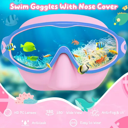 Vista 3 de VegoVia Paquete de 2 gafas de natación para niños con cubierta para la nariz, gafas de natación antivaho con protección UV para niños y jóvenes de 3