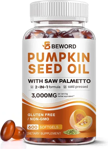 Vista 8 de Aceite de semilla de calabaza con cápsulas de palma enana americana, 3000 mg/porción, 300/600 cápsulas blandas Prensado en frío, aceite virgen