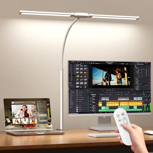 Vista 8 de SKYLEO Lámpara LED de escritorio con abrazadera, luz de escritorio de doble cabezal con control remoto y táctil, protección ocular, 12 W, 5 modos