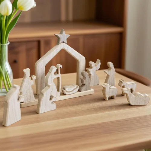 Vista 6 de NEROSUN - Juego de escenas de la Natividad, 13 figuras de madera en miniatura de la Sagrada Familia y el pesebre, figuras minimalistas, bohemias