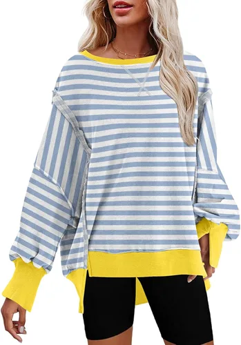 Vista 11 de SHEWIN Sudadera casual de gran tamaño de manga larga con costuras inversas y cuello redondo para mujer Un negro
