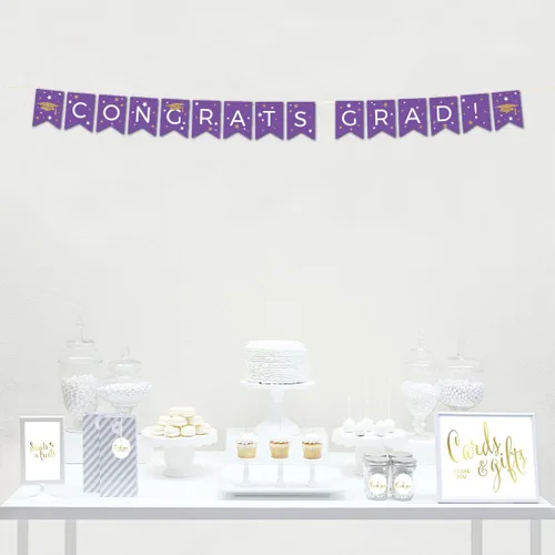 Vista 2 de Andaz Press Colección de fiesta de graduación con purpurina de color morado real y dorado, pancarta colgante con cuerda, Congrats Grad!, 5 pies, 1