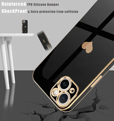 Vista 5 de Teageo - Funda para iPhone 13 mini para mujeres y niñas, diseño de corazón de amor, color negro Luxury Bling Plating Soft Back Cover Raised Full