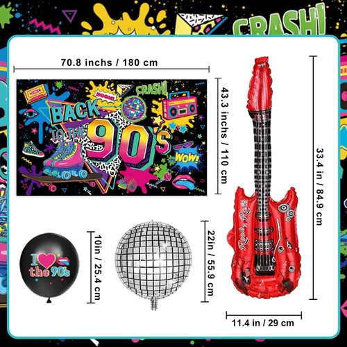 Vista 3 de Las decoraciones de fiesta de los años 90 incluyen telón de fondo de los años 90, globos de papel de aluminio y látex, adornos para pasteles