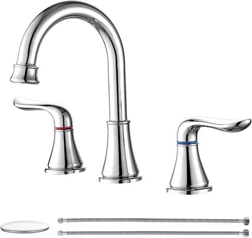 Vista 10 de GENBONS Grifos de baño para fregadero de 3 agujeros, 4 pulgadas, color negro mate con drenaje emergente y 2 mangueras de suministro, 2 manijas