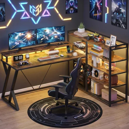 Vista 9 de RALGEND Escritorio para juegos en forma de L con estantería, escritorio reversible para computadora de 52 pulgadas con luz LED y toma de corriente