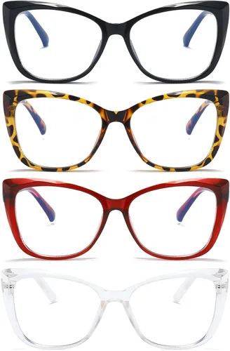 Vista 9 de Gafas de lectura de ojo de gato para mujer, de gran tamaño, bloqueo de luz azul, para lectura de computadora, paquete de 3 + 1.0