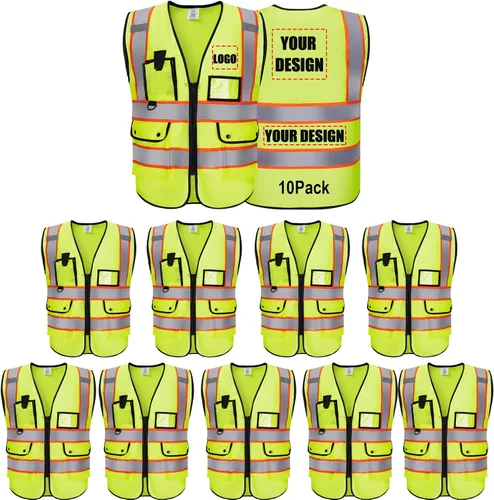 Vista 48 de Chaleco Reflectante Clase 2 de Seguridad ANSI con Bolsillos y Cremallera de Alta Visibilidad Uniforme de Construcción K-verde-1pack-custom