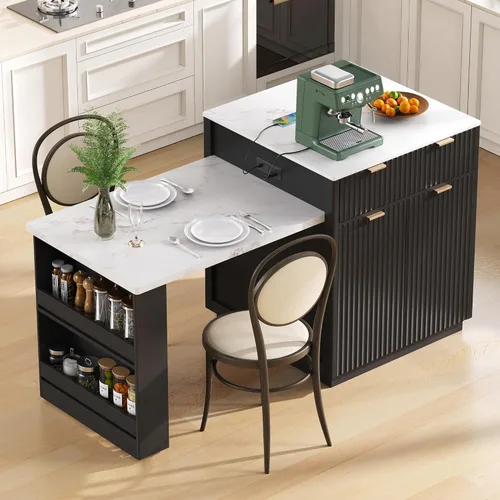 Vista 4 de RUNNA Isla de cocina acanalada de 82.6 pulgadas con mesa de comedor extensible para 4-6, mesa de isla para cocina con toma de corriente, mesa