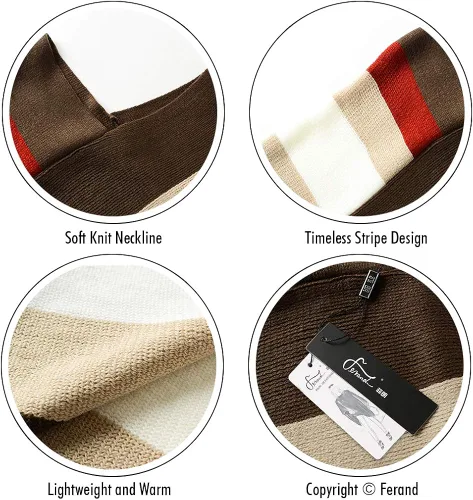 Vista 4 de Ferand - Poncho tejido elegante para mujer con diseño de rayas y extremos con flecos