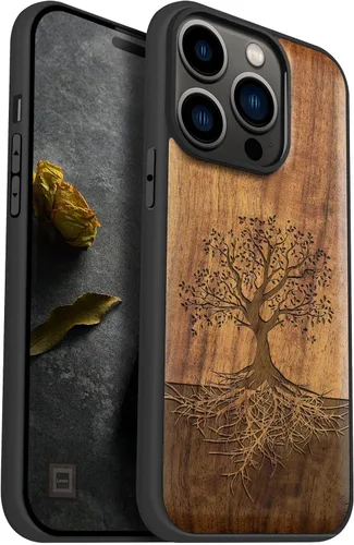 Vista 16 de Carveit Funda magnética de madera para iPhone 14 Pro, madera natural y TPU suave negro, funda protectora a prueba de golpes, funda de madera única