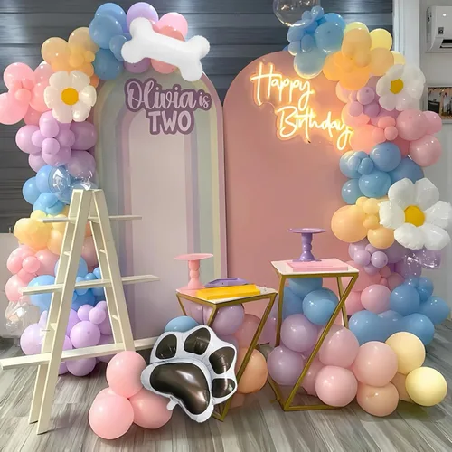 Vista 5 de Kit de arco de globos azules 140 piezas azul pastel rosa morado rubor globos con margarita hueso pata de perro globos de papel de aluminio
