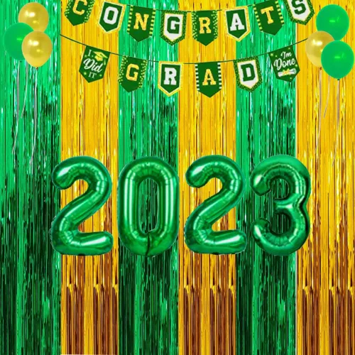 Vista 2 de Cortinas de flecos de papel de aluminio para decoración de fiesta de graduación 2026, telón de fondo para cabina de fotos de oro verde para San