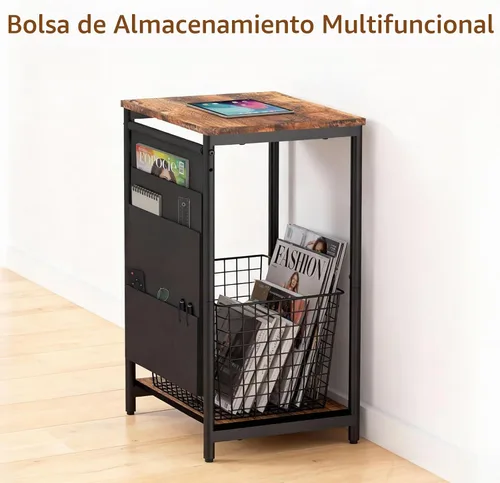 Vista 6 de Mesa auxiliar pequeña y estrecha, mesa auxiliar delgada con bolsillos de almacenamiento para espacios pequeños, sala de estar, dormitorio, sofá