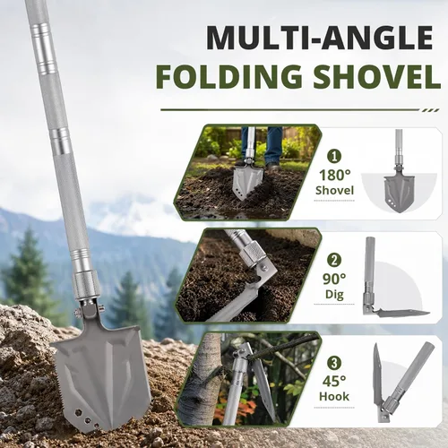 Vista 2 de aiGear Camping Shovel Folding, Survival Shovel Axe Pickaxe Multi-Tool