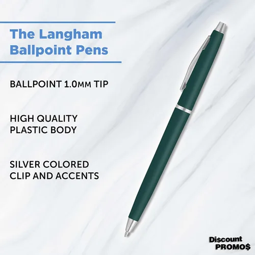 Vista 3 de DISCOUNT PROMOS Langham - Juego de 10 bolígrafos a granel, tinta negra, ideal para oficina, escuela, negocios, ferias comerciales, color verde