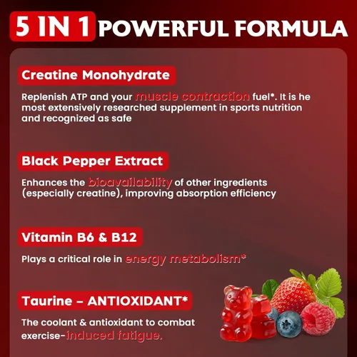 Vista 6 de Gomitas de monohidrato de creatina para mujeres y hombres, taurina y B6, gomitas masticables de creatina preentrenamiento para máxima fuerza