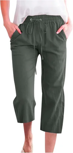Vista 32 de Ceboyel Pantalones capri para mujer para verano, cintura elástica, pantalones de yoga, con cordón, pantalones de lino, pantalones de entrenamiento