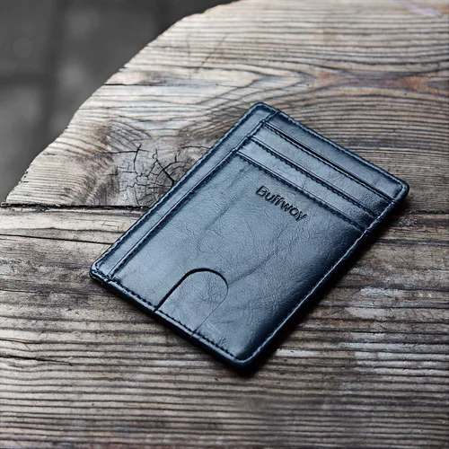 Vista 4 de Buffway - Billetera delgada minimalista de cuero con protección RFID para hombre y mujer