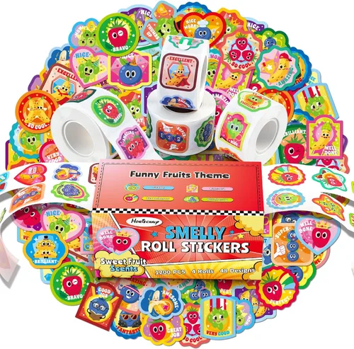 Vista 12 de HORIECHALY 3 Rollos de Calcomanías para Raspar y Oler para Niños, 600 Piezas de Calcomanías con Aroma, Calcomanías de Recompensa para Niños