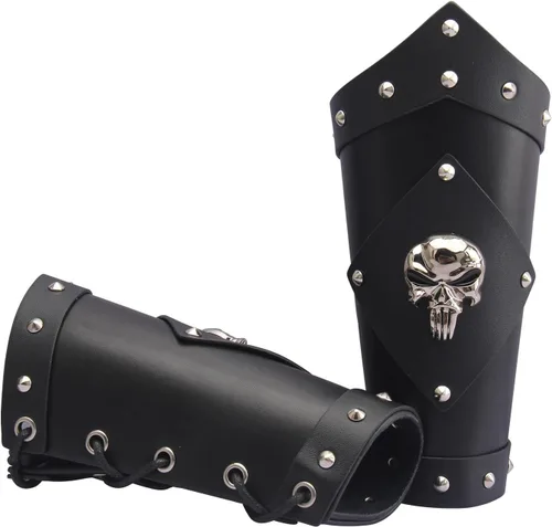 Vista 4 de Jeilwiy Brazaletes vikingos medievales de cuero, brazaletes de armadura de brazo, brazalete de cuero, guantelete punk para hombres y mujeres