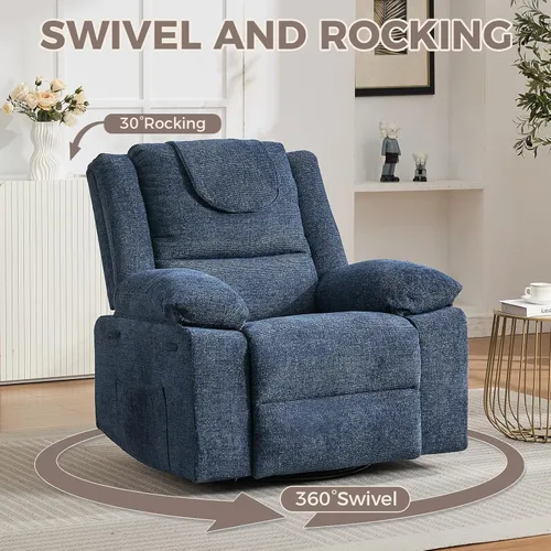 Vista 3 de Silla reclinable mecedora de gran tamaño para adultos, silla reclinable giratoria de 360°, sofá individual con masaje por vibración y calefacción