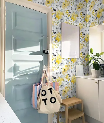 Vista 2 de Toduso Papel Tapiz Floral Despegar y Pegar Papel Tapiz Amarillo/Gris/Blanco Acuarela Papel de Contacto Autoadhesivo Removible Papel Tapiz Forros