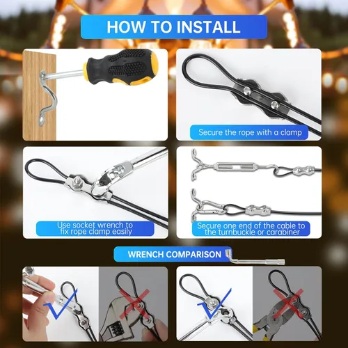 Vista 4 de Kit de colgamiento de luces de cadena YingYa BIS de 165 pies, kit de cable de acero inoxidable 304 - Capacidad resistente de 480 libras, tensores