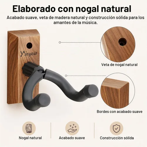 Vista 2 de Soporte de pared para guitarra con soporte para púas y 6 púas de celuloide, colgador de guitarra de madera de nogal en forma de U, soporte de gancho
