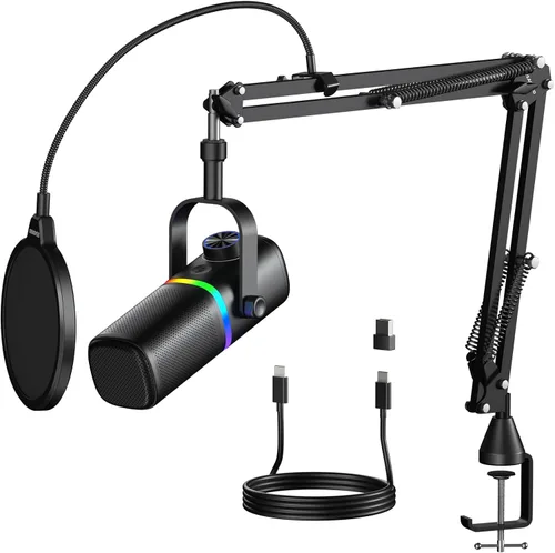 Vista 8 de Aokeo Micrófono para PC, AK-10 USB/XLR Micrófono de escritorio dinámico para juegos, podcast, transmisión con luz RGB, control de volumen, botón