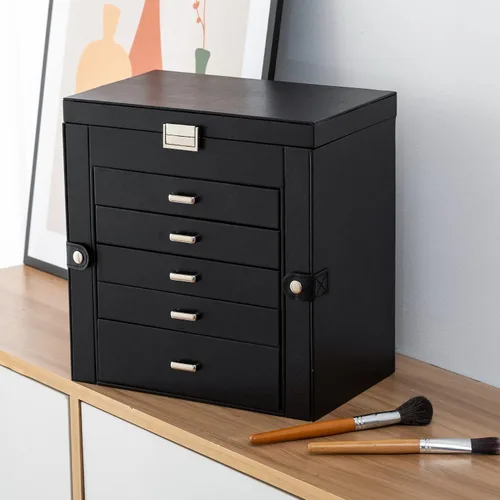 Vista 5 de Organizador grande de joyero con espejo para mujer 6 capas cajas de joyería con piel sintética joyas blancas altas y negras organizadas para regalo