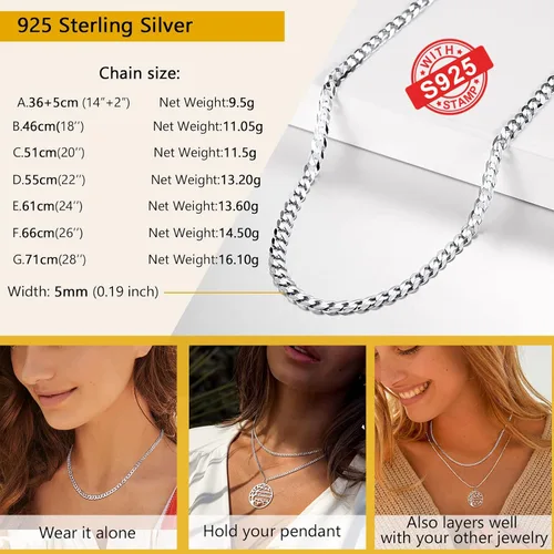 Vista 6 de PROSTEEL 925 Sterling Silver Cuban Link Chain Necklace, Dainty Figaro Chains, Solid & Shiny, 3mm5mm, 14-28 inch, Come Gift Box