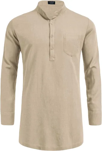 Vista 8 de COOFANDY Camisas Henley de lino para hombre, manga larga, ajuste regular, camisetas de playa Kurta con bolsillo