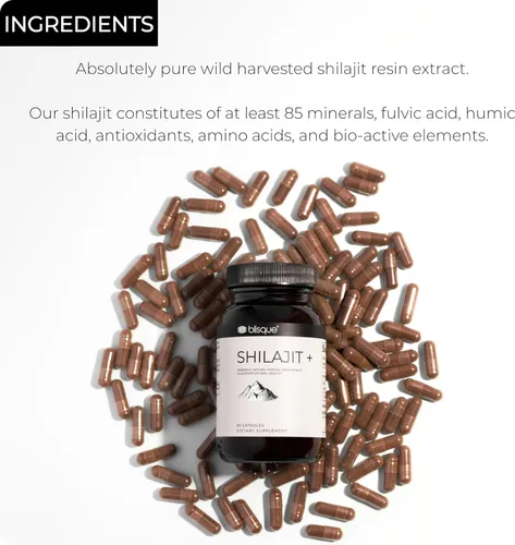 Vista 3 de Blisque Cápsulas de extracto de resina Shilajit orgánica pura del Himalaya Auténtico y natural Grado dorado A Contiene ácido fúlvico
