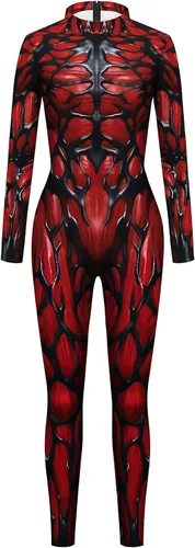 Vista 3 de Disfraz divertido de Halloween para hombre, diseño de esqueleto, overol para cosplay Negro y rojo