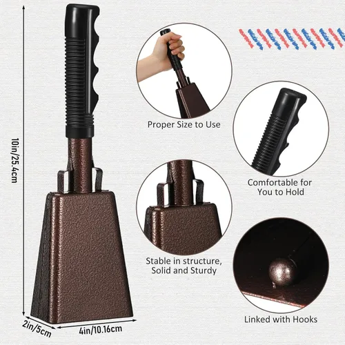 Vista 2 de 6 Pcs 10 Inch Cowbell with Handle Cheering Bell for Sports Events Large Noise Makers Cow bells Loud Cowbell Bulk for Football Games Party Chimes