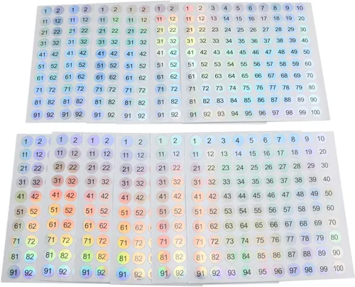 Vista 2 de 1 a 100 calcomanías reflectantes láser pequeñas redondas con números consecutivos, autoadhesivas, para almacenamiento de inventario, etiquetas