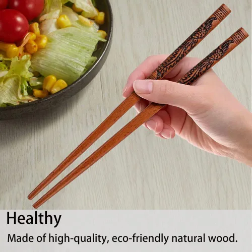 Vista 3 de Palillos reutilizables de estilo chino, palillos de dragón y fénix con soporte y bolsa de transporte, juego de palillos de madera natural (2 pares)