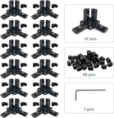 Vista 6 de 12 conectores de soporte de esquina de extremo de 3 vías negro serie 2020 con tornillos + 1 llave para ranura de 0.236 in, accesorios de riel