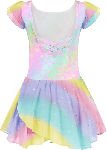Vista 30 de Arshiner - Vestido de baile de ballet con mangas con volantes, leotardo de tutú con ruedo para niñas Lila
