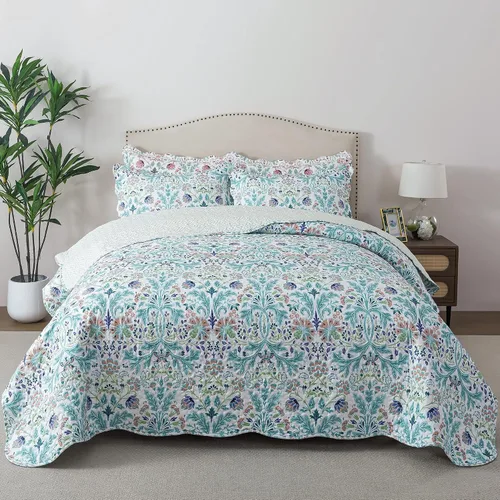 Vista 43 de Juego de cama de dos piezas, tamaño individual, de microfibra, reversible, de retazos, estilo floral, todas las estaciones, patrón de porcelana azul