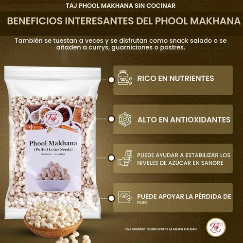 Vista 5 de TAJ Uncooked Phool Makhana - Paquete a granel de 14 onzas, nuez de zorro, semillas de loto reventadas