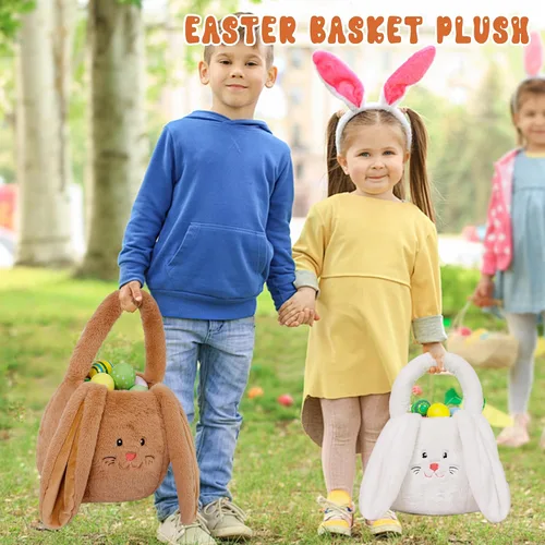 Vista 5 de OurHonor Cesta de Pascua de felpa, cesta de Pascua de conejo para niños, cubos de felpa con bolsas largas para las orejas para niños y niñas, bolsas