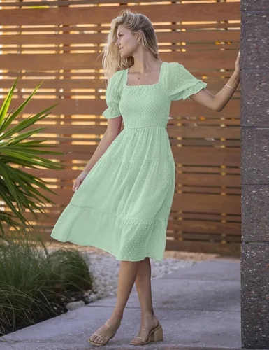 Vista 3 de MEROKEETY - Vestido de verano con lunares suizos para mujer vestido midi con cuello cuadrado, mangas abombadas, volados, lazo en la espalda